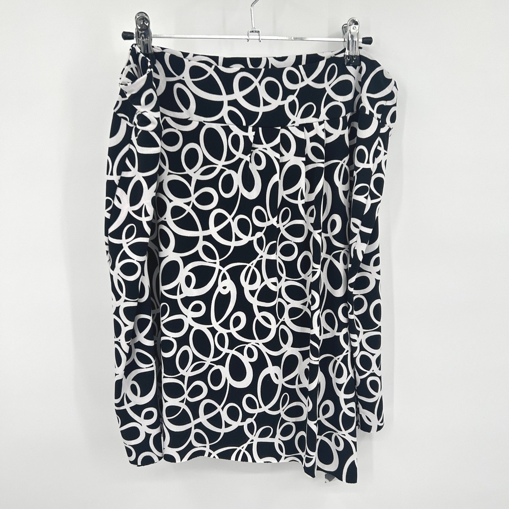 Cache Faux Wrap Abstract Swirl Print Skirt Size Large Black White Mod Retro Chic
